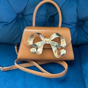 Self-Portrait the bow mini- Elegant Tan Handbag with Gold Bow Accent